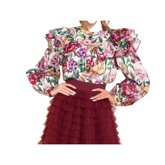 AURA Tops - AURA Floral Ruffle Puff Sleeve Top Large Women’s Cotton Prairie Cottagecore NWT